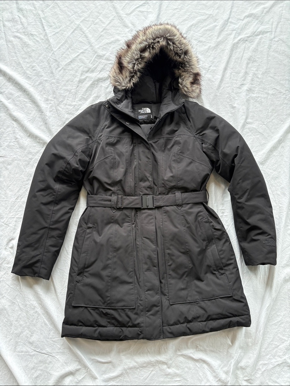 North Face Brooklyn Belted Arctic Down Parka Faux-Fur Hood Womens Medium Black